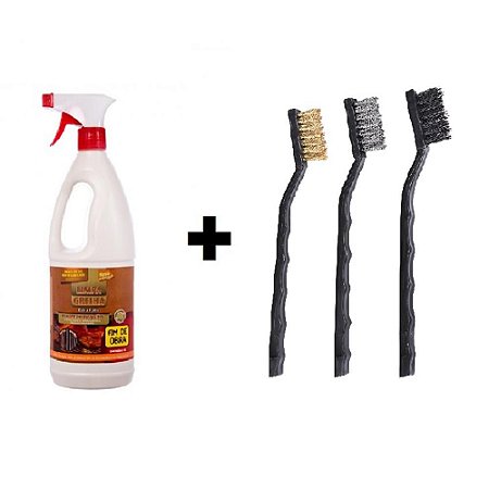 Limpa Grelha 1L + Jogo 3 Escovas Aço Inox, Nylon e Latão