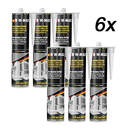 Kit 6 Adesivo Selante PU40 Multiuso Cinza 360g/212ml W-MAX