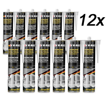Kit 12 Adesivo Selante PU40 Multiuso Cinza 360g/212ml W-MAX