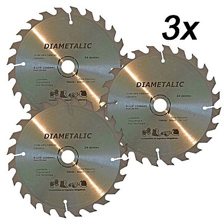 Kit 3 Disco Serra Para Madeira 230mm 9.1/4'' 24 Dentes