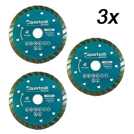 Kit 3 Disco Corte Diamantado Turbo Pro 110x20mm Quartzolit