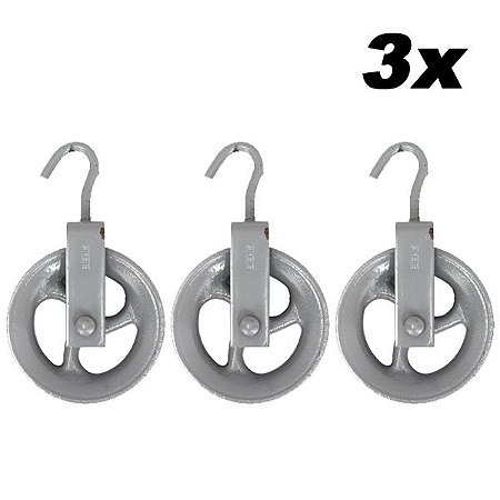 Kit 3 Roldana Polia Poço Ferro Fundido C/ Alça Gancho 10cm