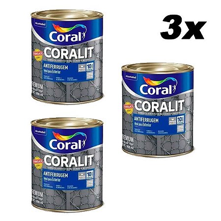 Kit 3 Tinta Antiferrugem Esmalte Ferrolack Cinza 900ml Coral