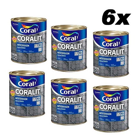 Kit 6 Tinta Antiferrugem Esmalte Ferrolack Cinza 900ml Coral