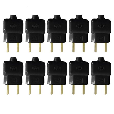 Kit 10 Plug Tomada Pino Macho Prensa Cabo 2P Preto 10A 250V