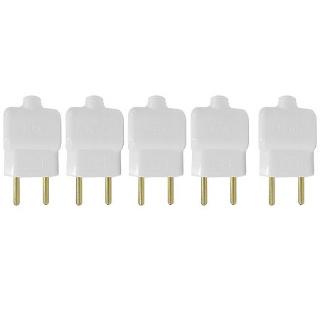 Kit 5 Plug Tomada Pino Macho Prensa Cabo 2P Branco 10A 250V