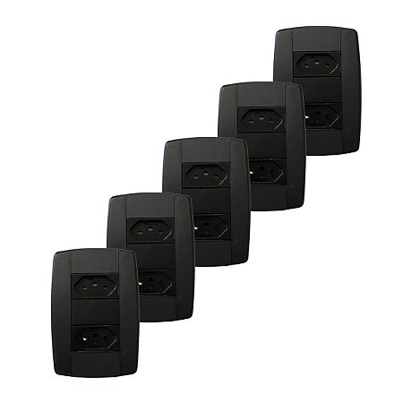 Kit 5 Conjunto 2 Tomadas Preta Monobloco 2P+T 10A 250V 4x2