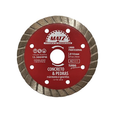 Disco Corte Diamantado Turbo P/ Concreto Pedra 110x20mm Matz