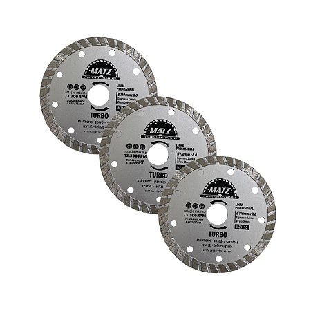 Kit 3 Disco De Corte Diamantado Turbo 8mm 110mm x 20mm Matz