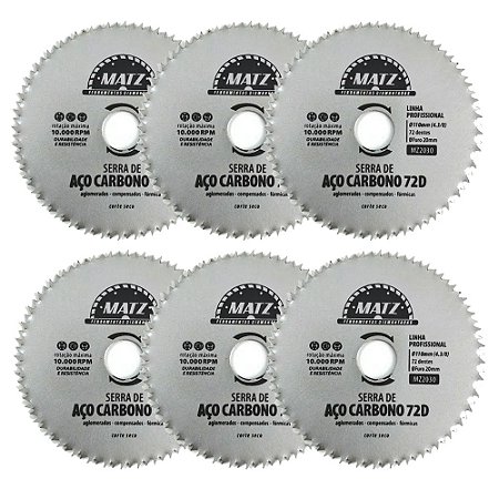 Kit 6 Disco Serra Aço P/ Madeira 72 Dentes 110mm x 20mm Matz