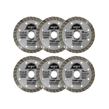 Kit 6 Disco Corte Diamantado Turbo Hard 10mm 110x20mm Matz