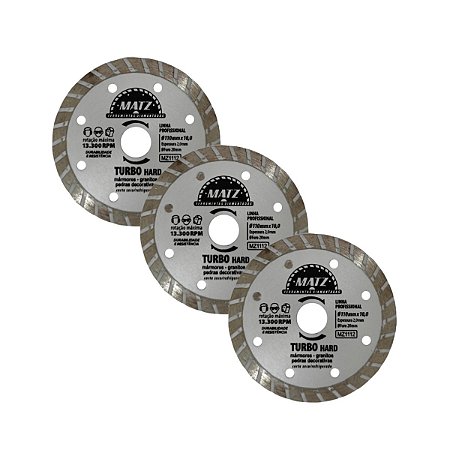 Kit 3 Disco Corte Diamantado Turbo Hard 10mm 110x20mm Matz