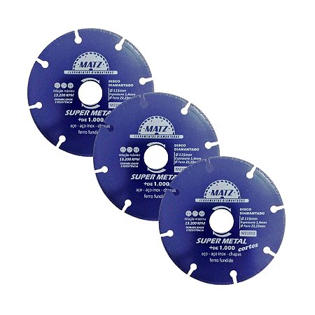 Kit 3 Disco Corte Esmerilhadeira P/ Aço 115mm x 22,23mm Matz
