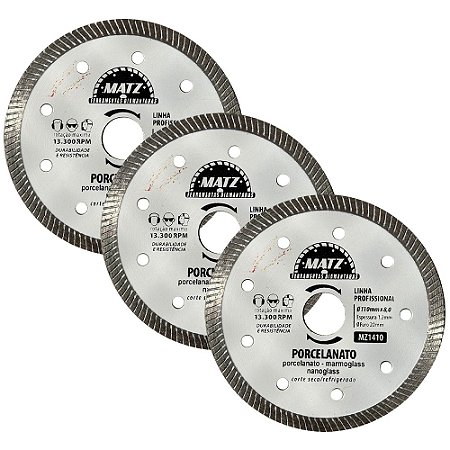 Kit 3 Disco Corte Turbo Diamantado Porcelanato 110x20mm Matz