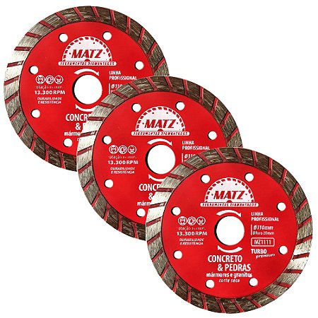 Kit 3 Disco Corte Diamantado Turbo P/ Concreto 110x20mm Matz