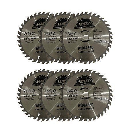 Kit 6 Disco Serra Wídea Madeira 36 Dentes 180mm x 20mm Matz