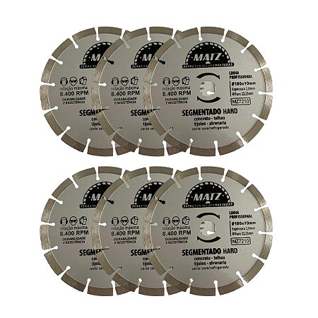 Kit 6 Disco Diamantado Segmentado Hard 180x22,23mm Matz