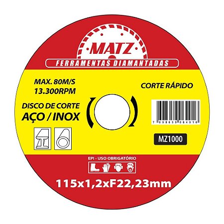 Disco Corte Rápido Aço Inox 22,23mm X 115mm Matz
