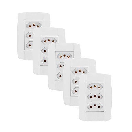 Kit 5 Conjunto 3 Tomadas Branca Monobloco 2P+T 20A 250V 4x2