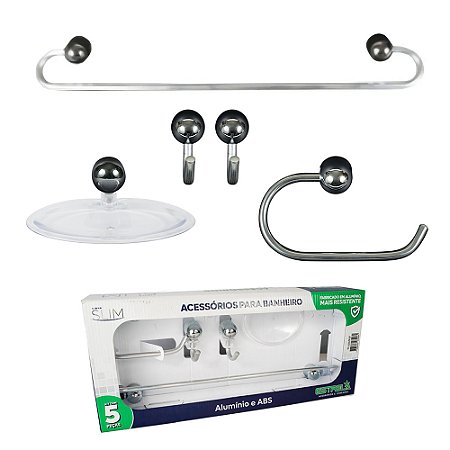 Kit Acessórios P/ Banheiro 5 Peças Alumínio ABS Cromado