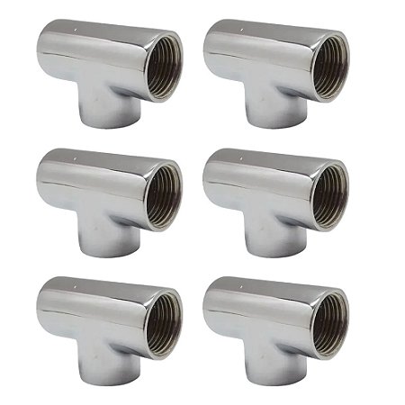 Kit 6 Adaptador Tee T Metal Cromado Rosca Fêmea 1/2''x1/2''