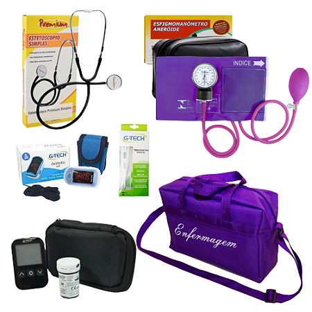 Kit Luxo da Enfermagem Completo com Medidor de Glicose Oximetro Bolsa Preta