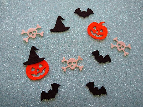100 apliques para Halloween caveira chapéu de bruxa morcego e abóbora 2,5 cm