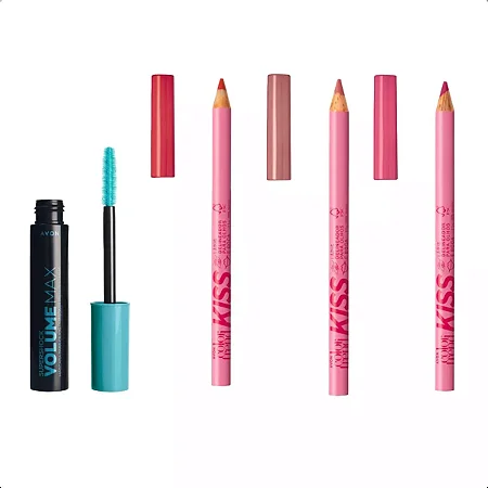 Kit 1 Mascara De Cílio Supershock + 3 Avon Color Trend Lápis Delineador para Olhos e Boca