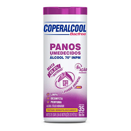 Panos Umedecidos Coperalcool Bacfree 70°INPM Lavanda Oriental - 35 Panos