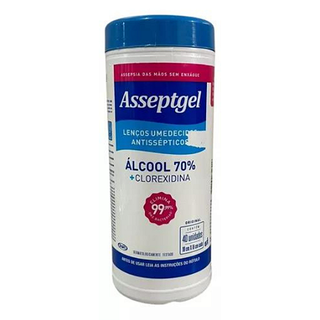 Lenços Umedecidos Antissépticos Álcool 70 + Clorexidina Asseptgel 40 Unidades