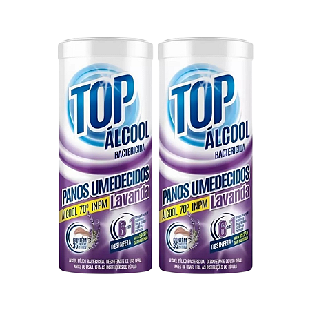 Panos Lenços Umedecidos Bactericida Álcool 70º Lavanda Top Land Kit com 2 Potes