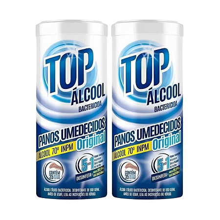 Panos Lenços Umedecidos Álcool 70º Original Top Land Kit com 2 Potes