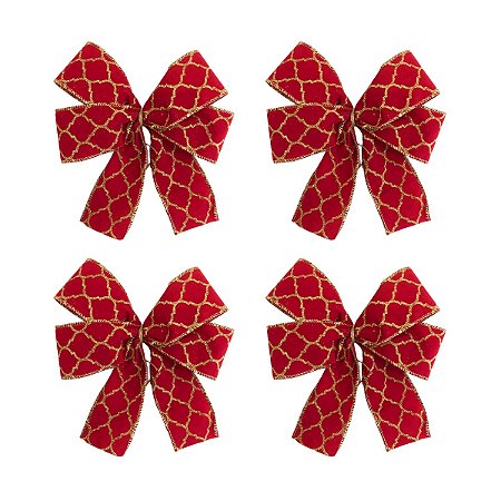 Laço vermelho colmeia dourado de Natal para Árvores e Guirlanda - Kit 06 unidades