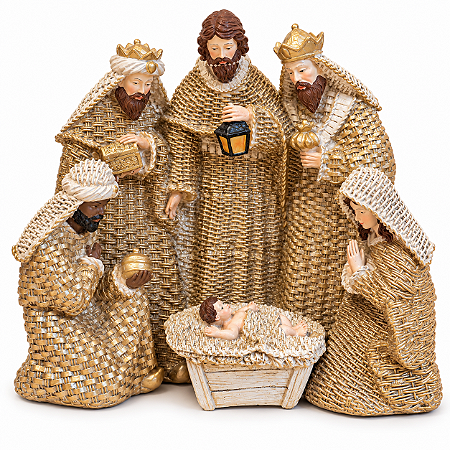 Presépio de Natal em Resina 30x15x27cm Dourado com Sagrada Família e Reis Magos Decoração Natalina