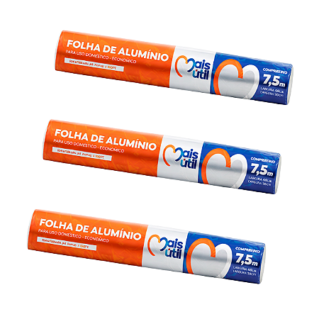 Kit 3 Papel Alumínio 45cm X 7,5m Resistente Mais Largo