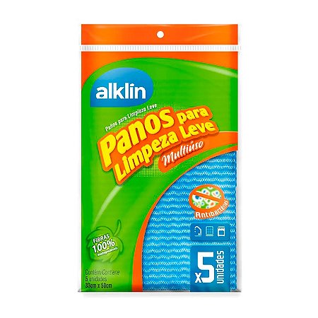 Pano para Limpeza Leve 33x50cm Azul com 5 Unidades Alklin
