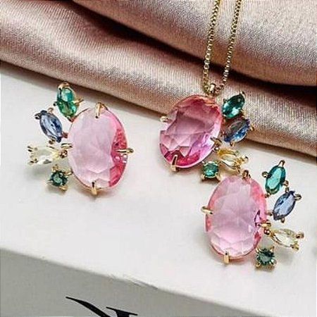 Conjunto com Pedras Laterais Rosa Cristal