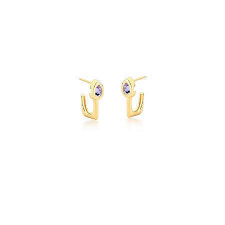 Brinco Meia Argola Retangular com Cristal Ametista
