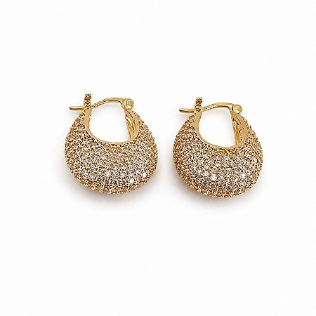 Brinco Argola Arredondada Cravejado Ouro 18K