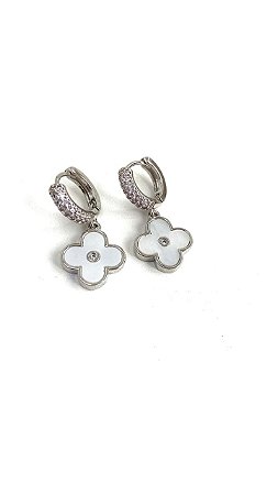 Brinco Argola Trevo Ródio Branco
