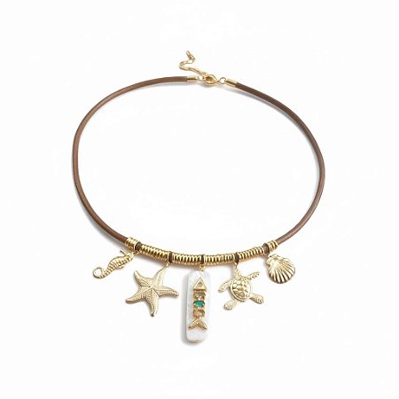 Colar Corda Náutica Marrom e Charms Marinhos