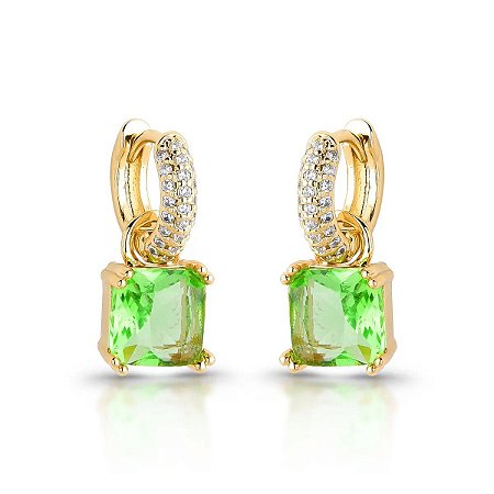 Brinco Argola Cravejado e Pedra Cristal Green Light Ouro 18K