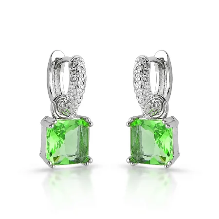 Brinco Argola Cravejado e Pedra Cristal Green Light Ródio Branco