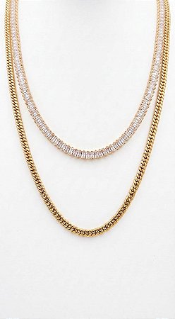 Colar Duplo Rivieras Baguete e Malha Ouro 18K