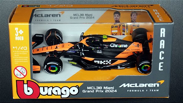 McLaren Team MCL38 (2024) - GP Miami Winner 2024 - 18-38214 | #4 Lando Norris | Sem Capacete | 1:43 | Formula 1 | Bburago