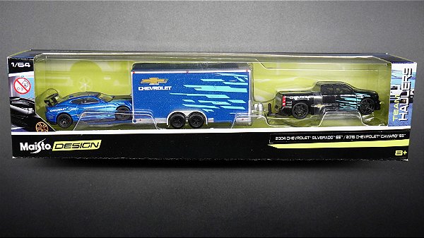 2004 Chevrolet Silverado SS, Trailer e 2016 Chevrolet Camaro SS - 11404 | 1:64 | Design Team Haulers | Maisto
