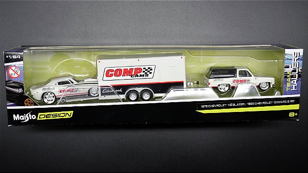 1979 Chevrolet K5 Blazer, Trailer e 1968 Chevrolet Camaro Z/28 - 11404 | 1:64 | Design Team Haulers | Maisto
