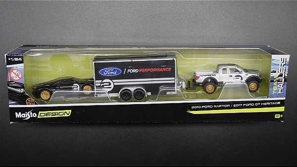 2009 Ford F-150 SVT Raptor, Trailer e 2017 Ford GT Heritage - 11404 | 1:64 | Design Team Haulers | Maisto