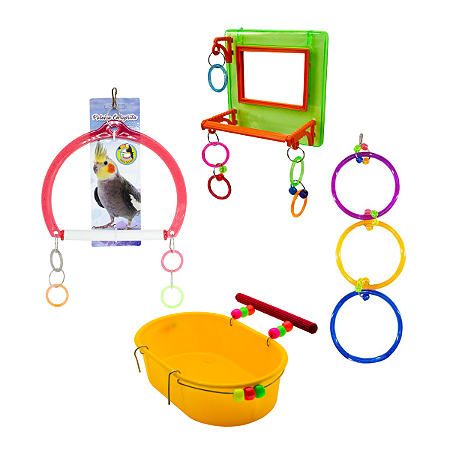 4 Brinquedos Balanço Espelho Argolas e Banheira Para Calopsitas Agapornis Periquitos