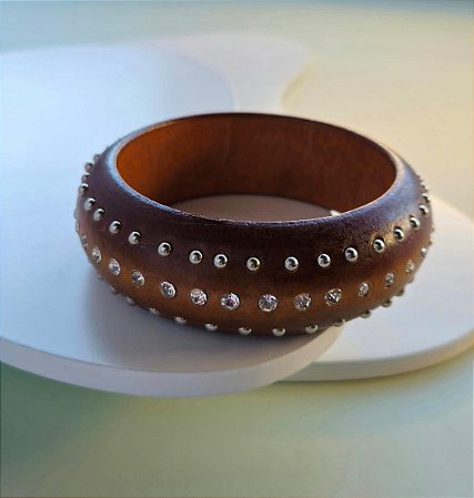 BRACELETE BOHO MADEIRA STRASS E BOLAS MINI PRATEADAS